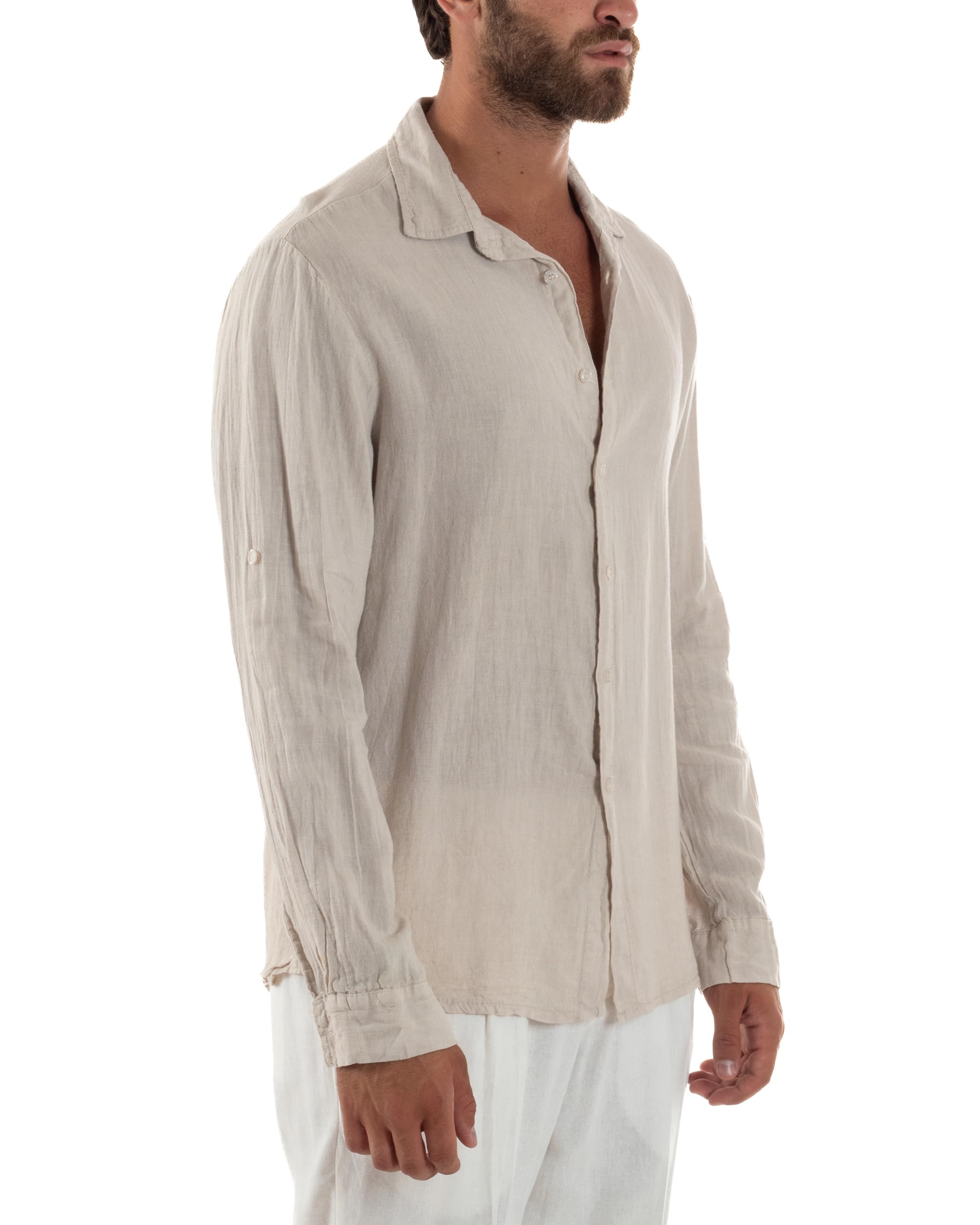 Camicia Uomo Lino Colletto Maniche Lunghe Casual Regular Fit Basic Tinta Unita Vari Colori