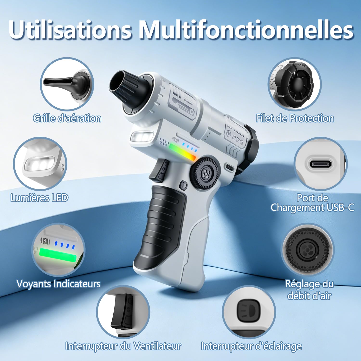 yAyusi Aspirateur à Poussière Electrique Rechargeable,Aspirateur à Poussière Electrique Haute Puissance de 130000 tr/min avec LED,Contrôle de Vitesse Progressif,Convient aux à l’extérieur,aux Maisons