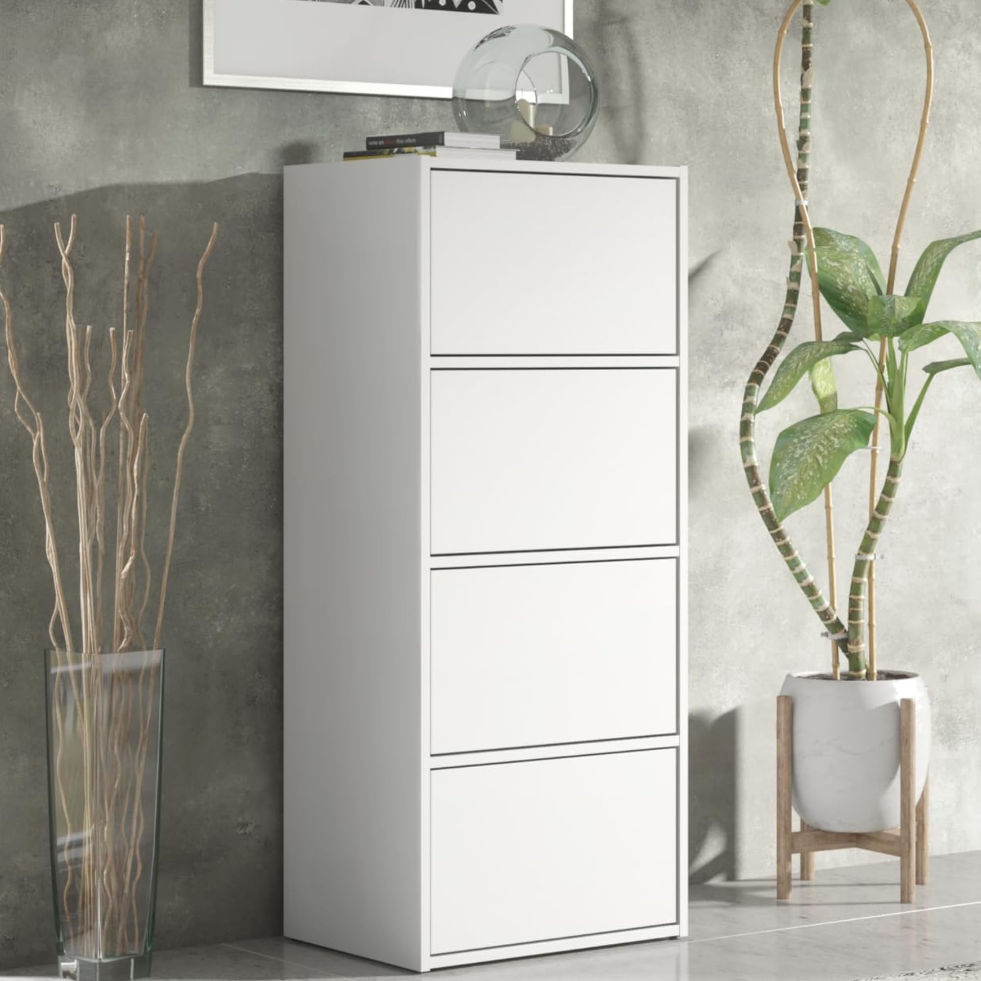 Mobile Moderno Bianco per Camera da Letto e Soggiorno – Cassettiera Alta con 4 Ante, Scarpiera Salvaspazio, Credenza Multifunzionale, Mobiletto 50x39x120 cm