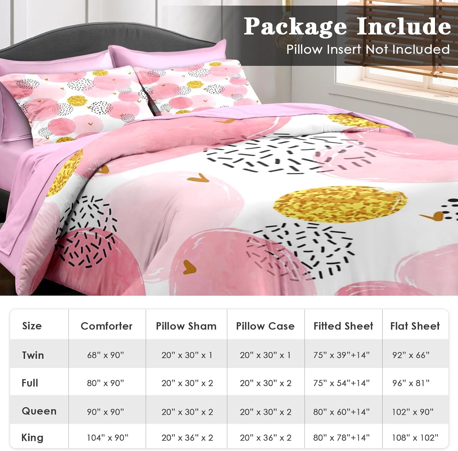 Pamnest Comforter Set King Size, Polka Dot Pink 7 Pcs Bedding for Kids and Adults, Watercolor Spots Circles Bed Sheet Sets with Fitted Sheet 2 Pillowcases & 2 Shams for Bedroom Bed Decor