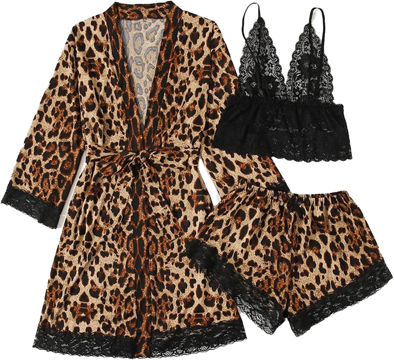 COOLOYAWomen's 3 Piece Silk Satin Pajamas Set Lingerie Floral Lace Cami Sleepwear with Robe
