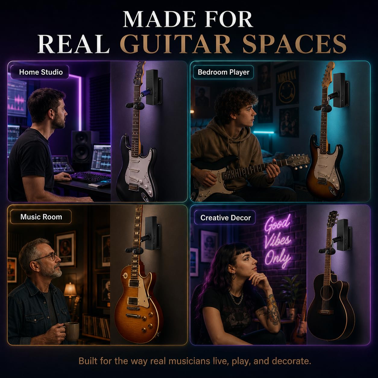 MuzicLight Soporte de pared para guitarra iluminada y soporte de pared para guitarra eléctrica o guitarra acústica con LED para exhibición de guitarra con iluminación ambiental (azul)