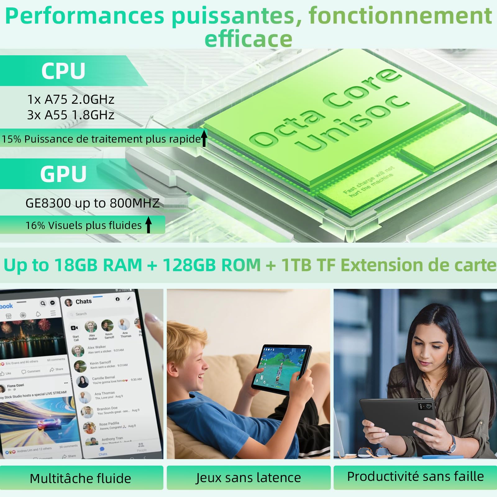 Tablette 10 Pouces, Tablette Android 15 avec Gemini AI, 18 GO RAM + 128 GO ROM + 1TO TF, Octa-Core, Écran Tactile IPS HD 1280x800, 6000 mAh, Widevine L1, WiFi 6 & BT 5.0, Caméra 5MP + 8MP(Noir)