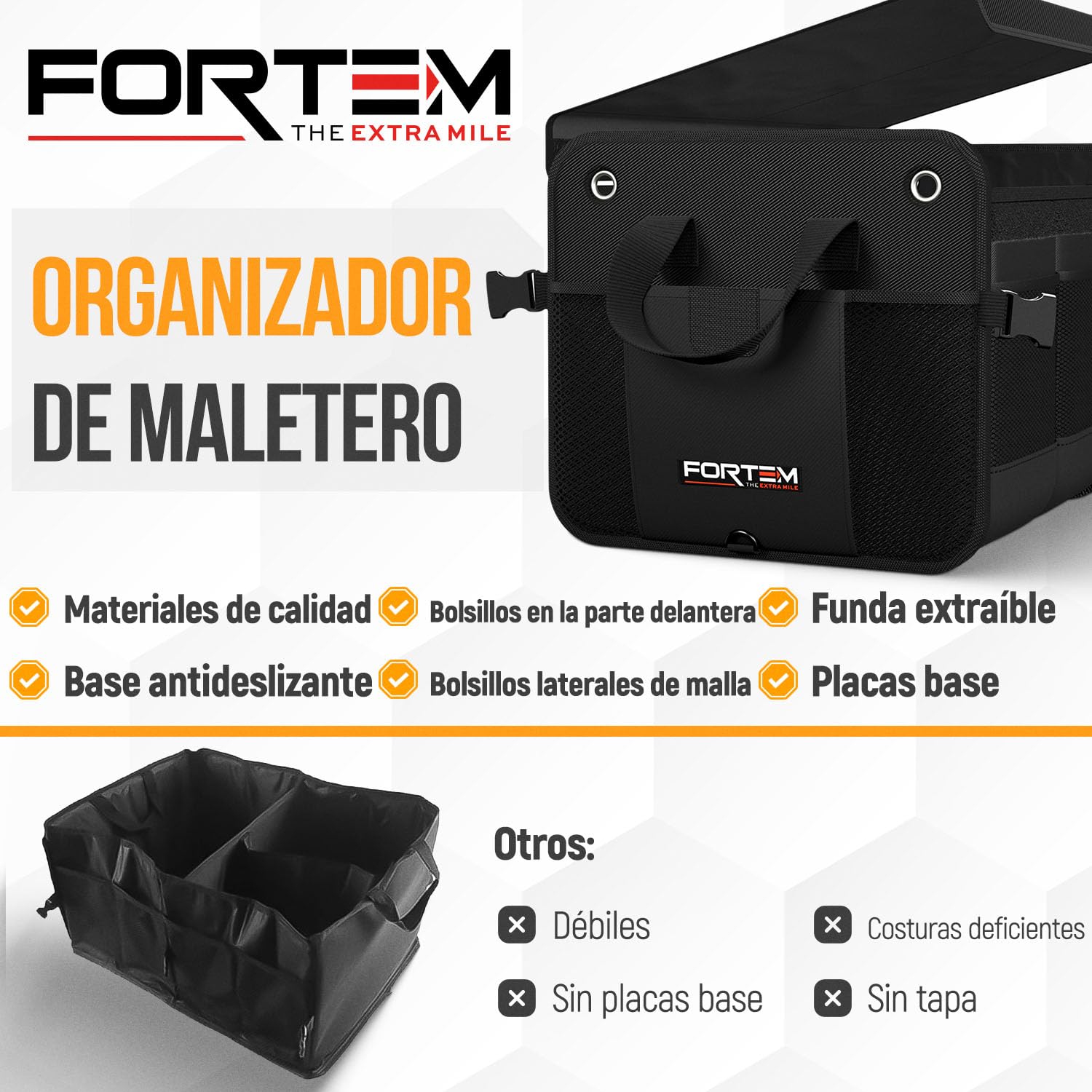 FORTEM Organizador Maletero SUV, Caja Plegable con Compartimentos, Accesorios Auto Mujer Hombre, Tela Oxford 1680D, Base Antideslizante, Correas Ajustables, Tapa Suave (90L)