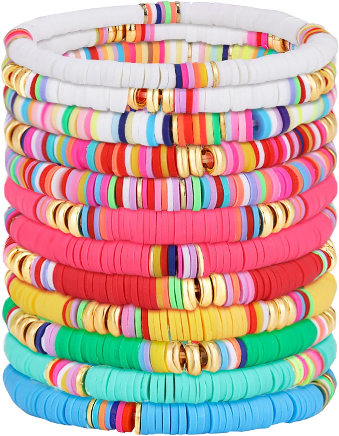 12 Pieces Preppy Surfer Heishi Bracelets - Stackable Colorful Beaded Stretch Elastic Bohemia Jewelry - Summer Beach Gift for Women (Classic Style)