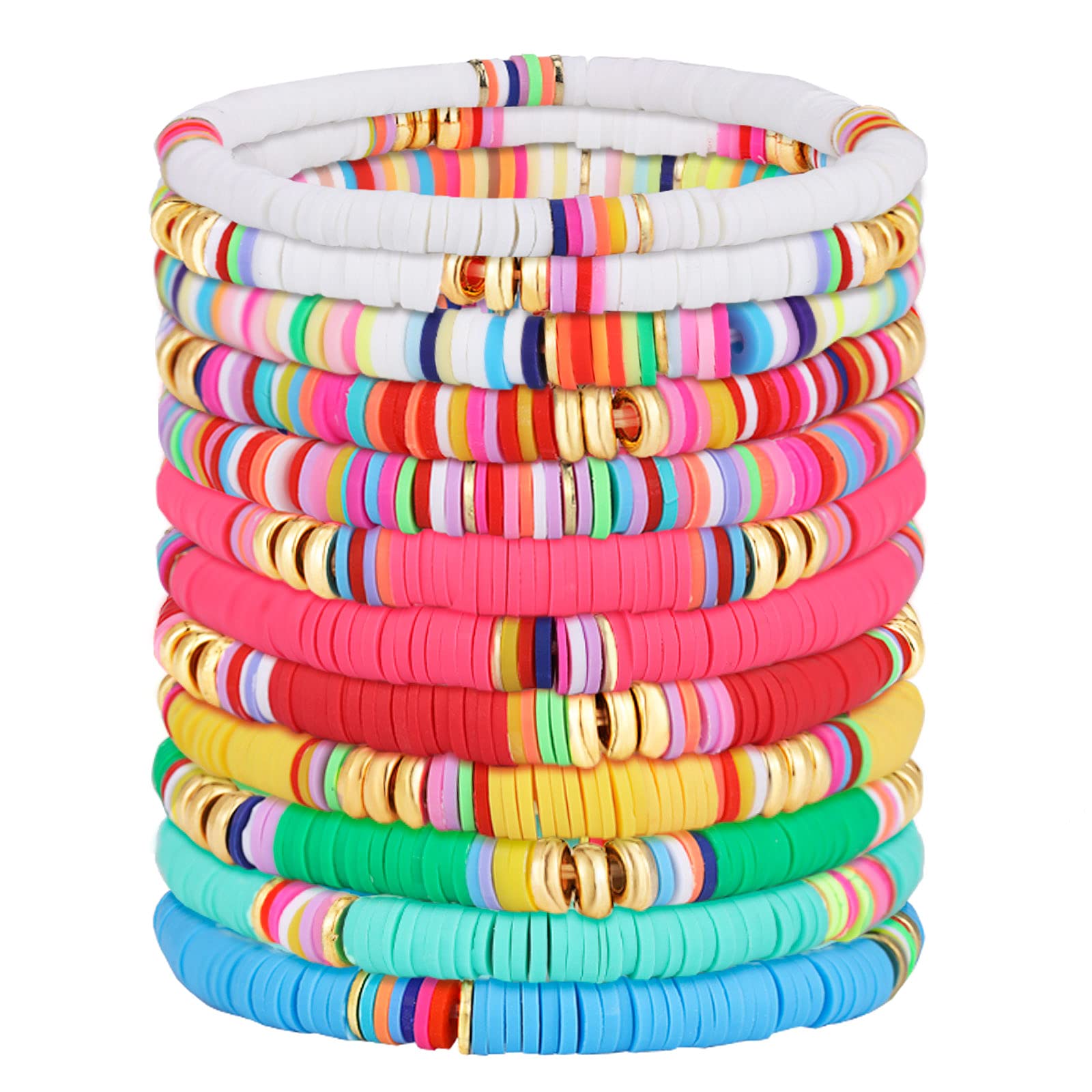 Junkin 12 Pieces Preppy Surfer Heishi Bracelets - Stackable Colorful Beaded Stretch Elastic Bohemia Jewelry - Summer Beach Gift for Women (Classic Style)
