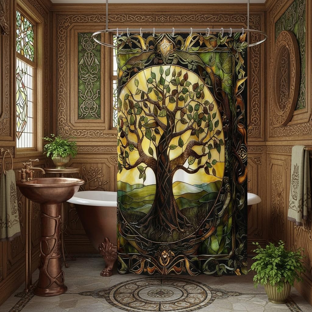 Castle Fairy Tree of Life Shower Curtain Set Abstract Nature Tree Bath Curtain Kids Stalls Decor Modern Rustic Artwork Shower Curtain Dark Green Waterproof Bathroom Curtains 72"x78"