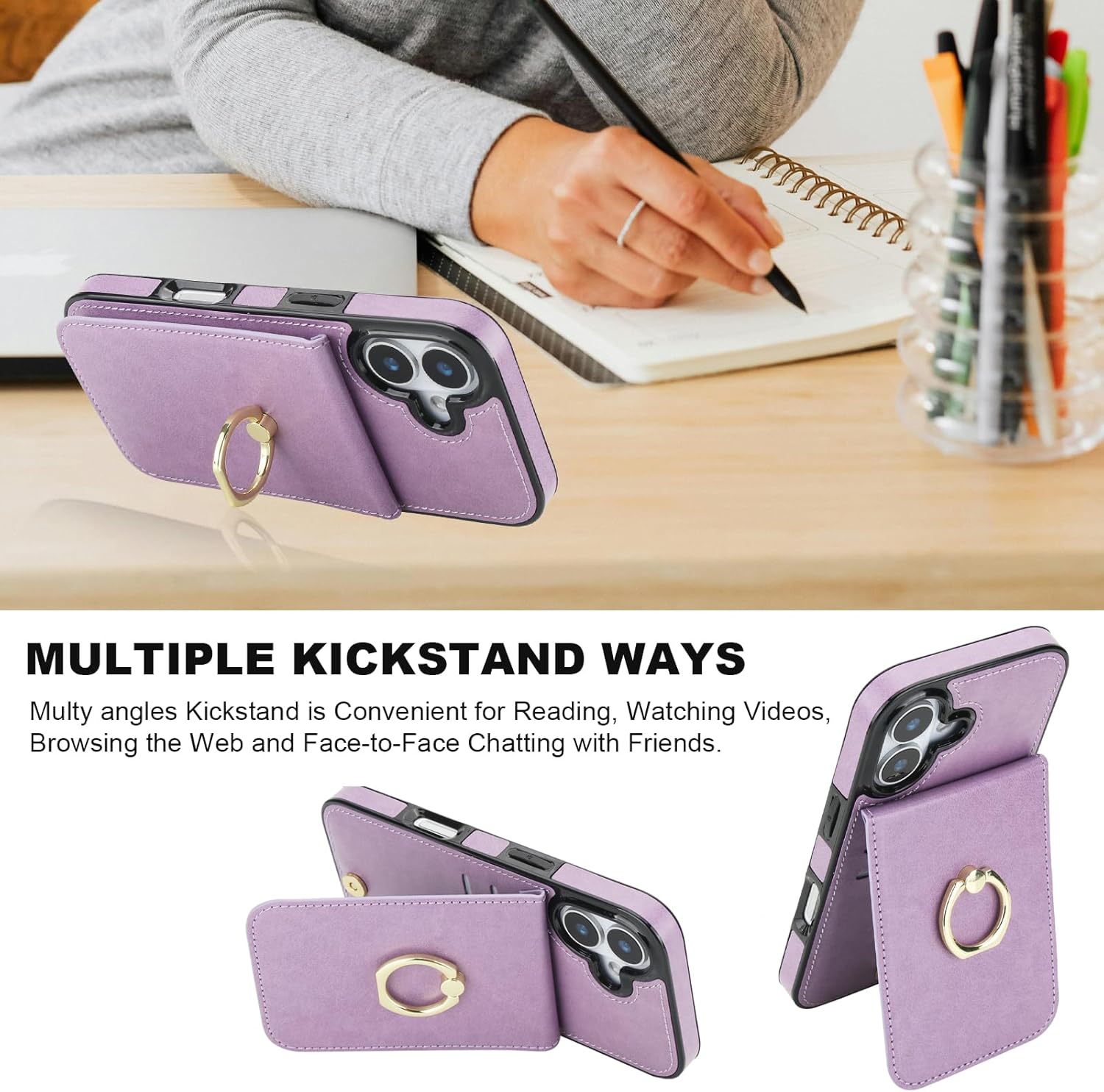 KIHUWEY for iPhone 17 Case Wallet with Credit Card Holder, 360° Rotation Ring PU Leather Magnetic Clasp Kickstand Heavy Duty Protective Cover for Women and Men 6.3 Inch (Purple) - Image 6