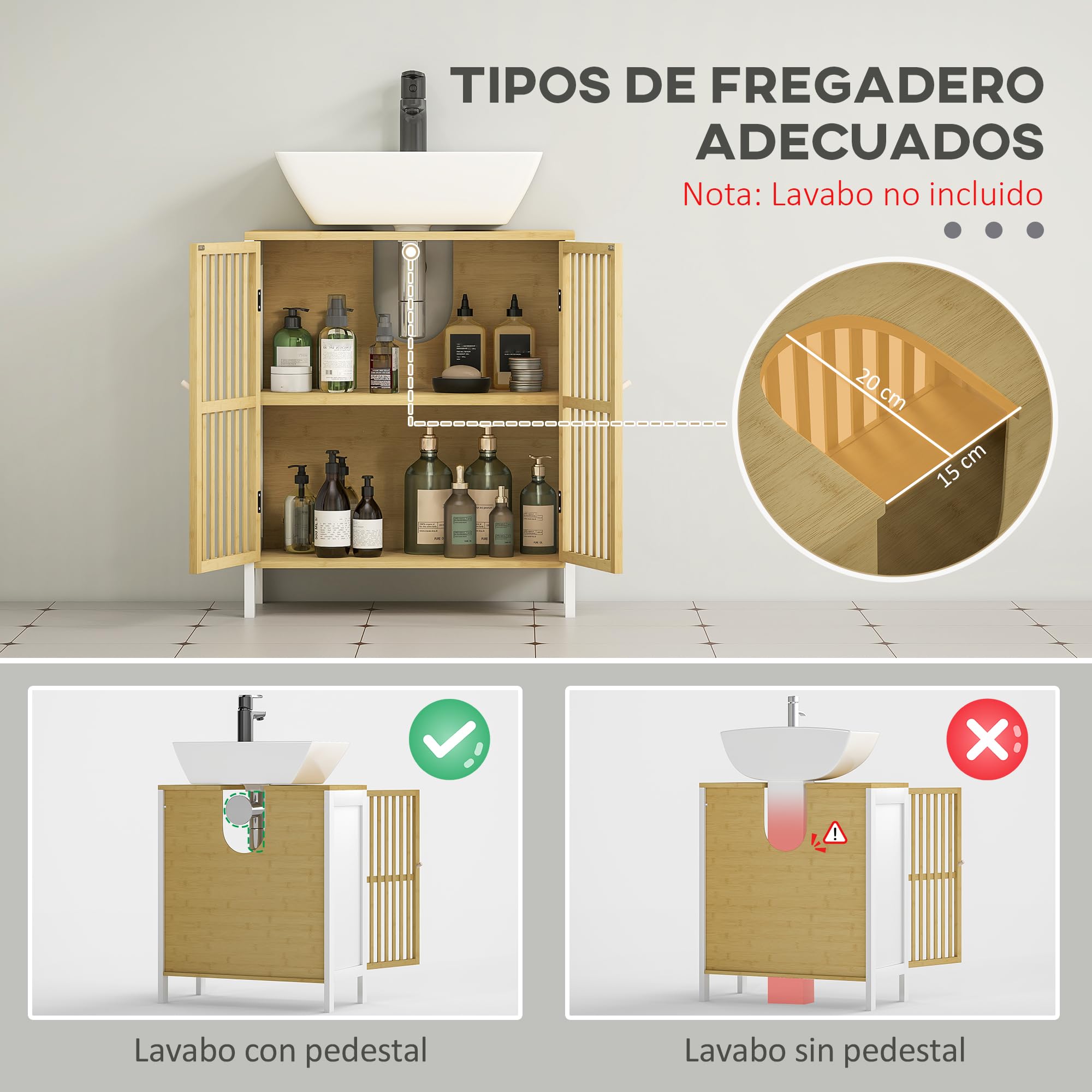 HOMCOM Mueble para Debajo del Lavabo Armario de Almacenamiento Bajo Lavabo de Bambú con Estante Ajustable y Puerta Doble Carga 30 kg 60x30x70 cm Blanco y Natural