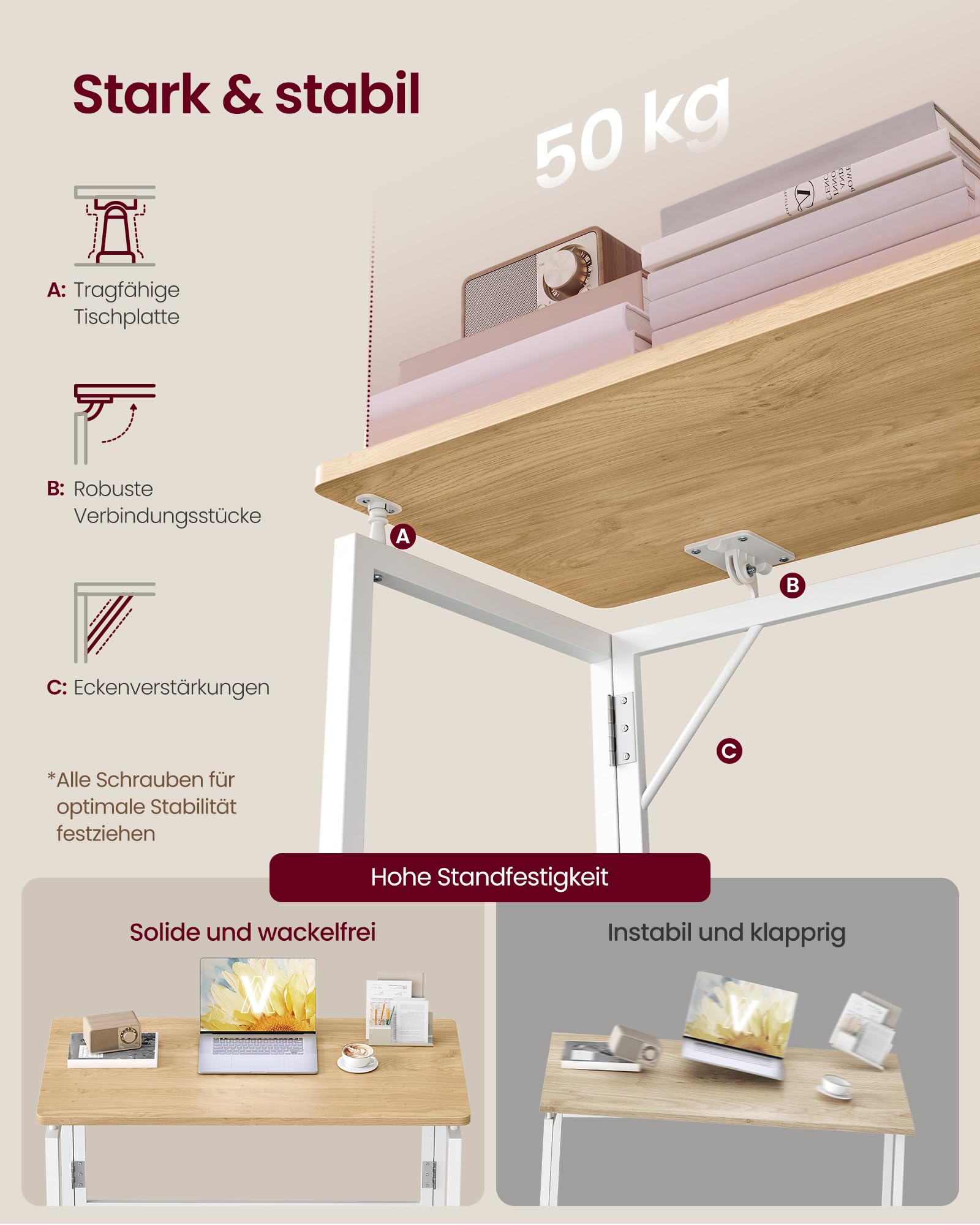 VASAGLE Klapptisch klappbarer Computertisch 80 x 40 cm natureichenfarben