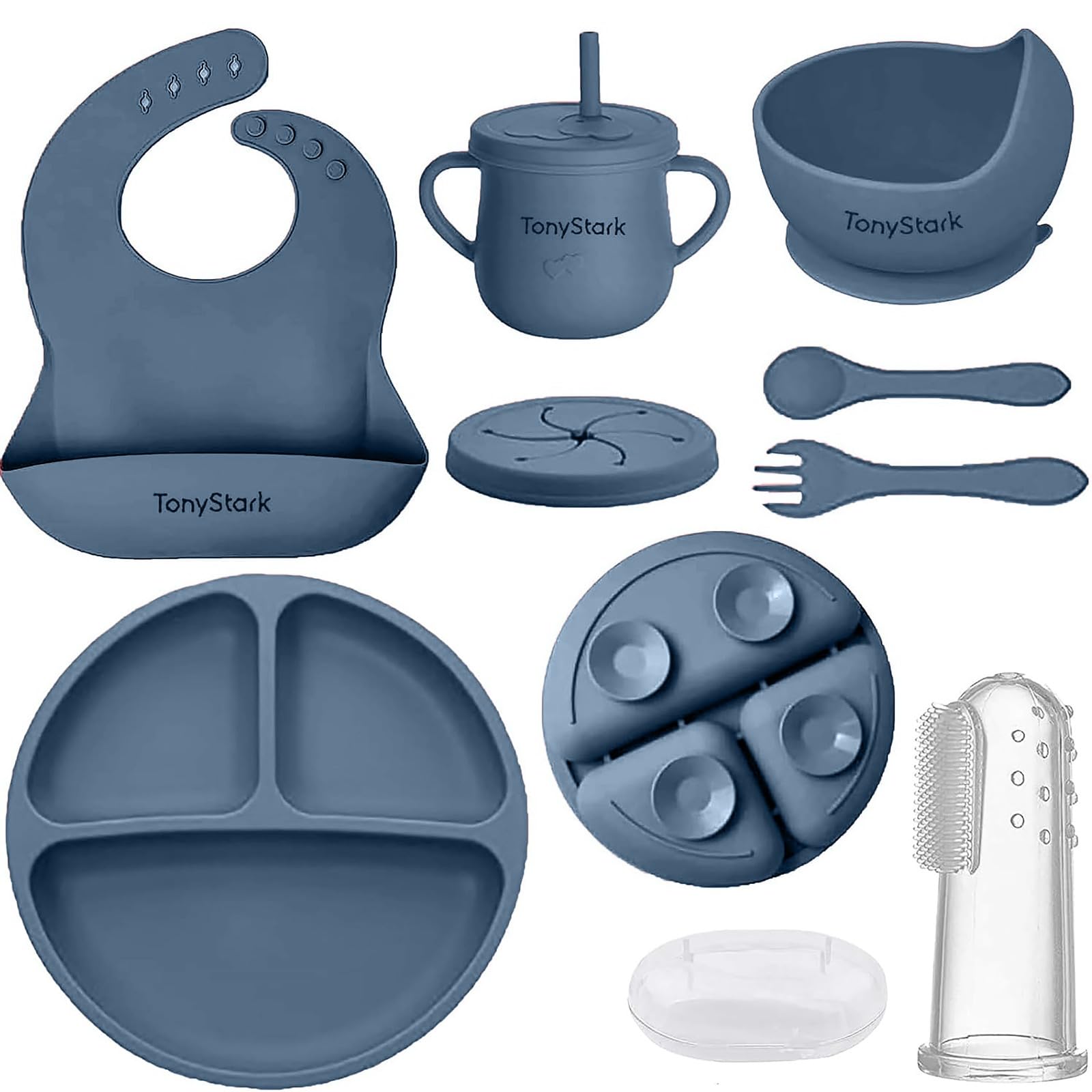 Tony Stark Baby Feeding Set, Silicone Tableware Kit for Baby, Bowl, Fork, Bib, Spoon, Cup & Suction Plates for Baby (Dark Blue)