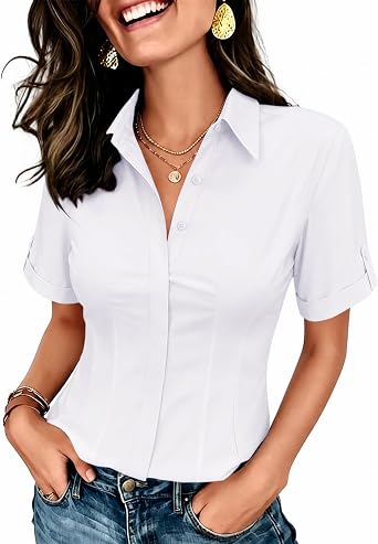siliteelon Short Sleeve Button Up Women Wrinkle-Free Button Collared Blouse