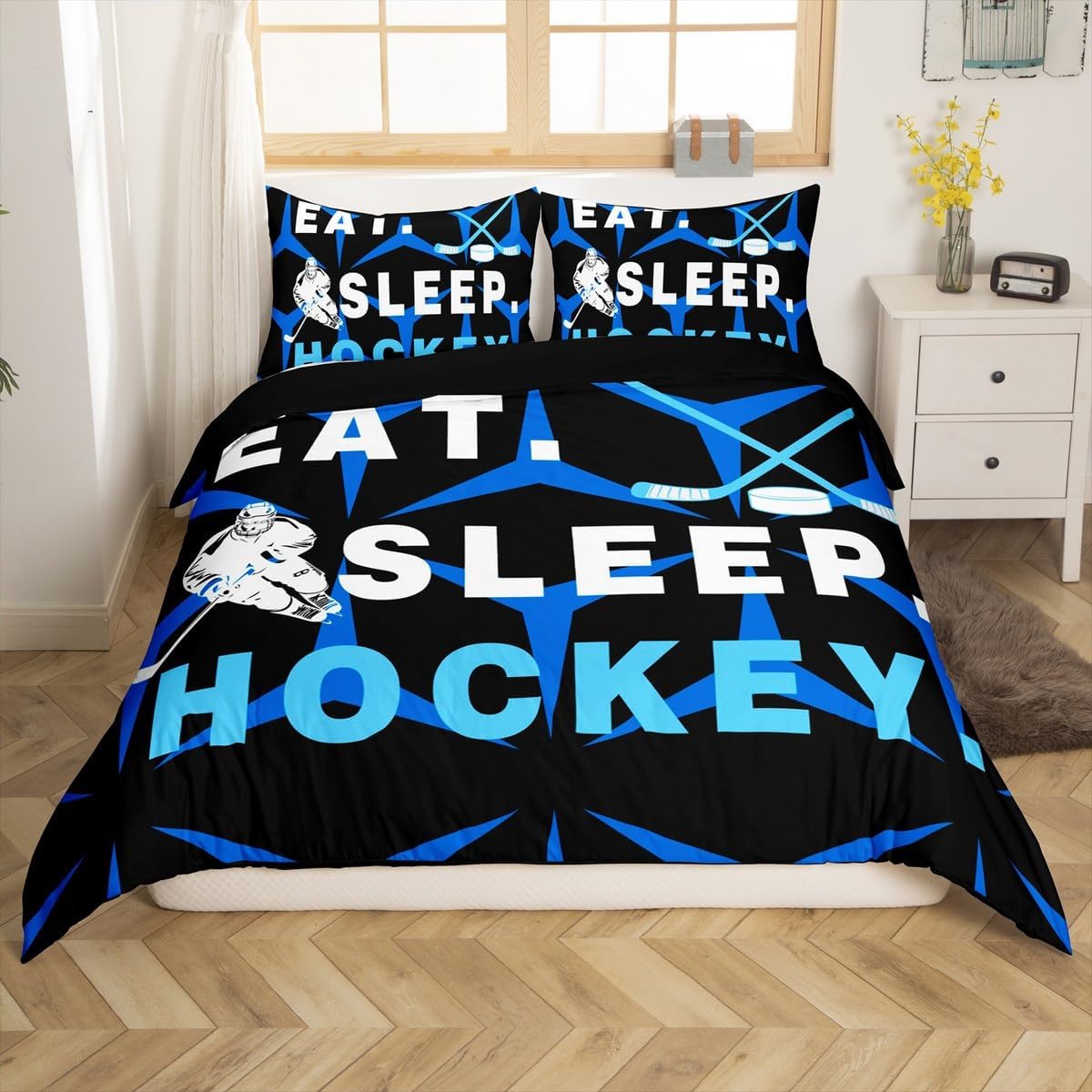 jejeloiu Kids Blue Ice Hockey Bedding Set Toddler Size Ice Sports Games Bedding Duvet Cover Set Decor Hockey Player Geometric Comforter Cover Set Lighting Bedspread Cover 2Pcs,No Comforter