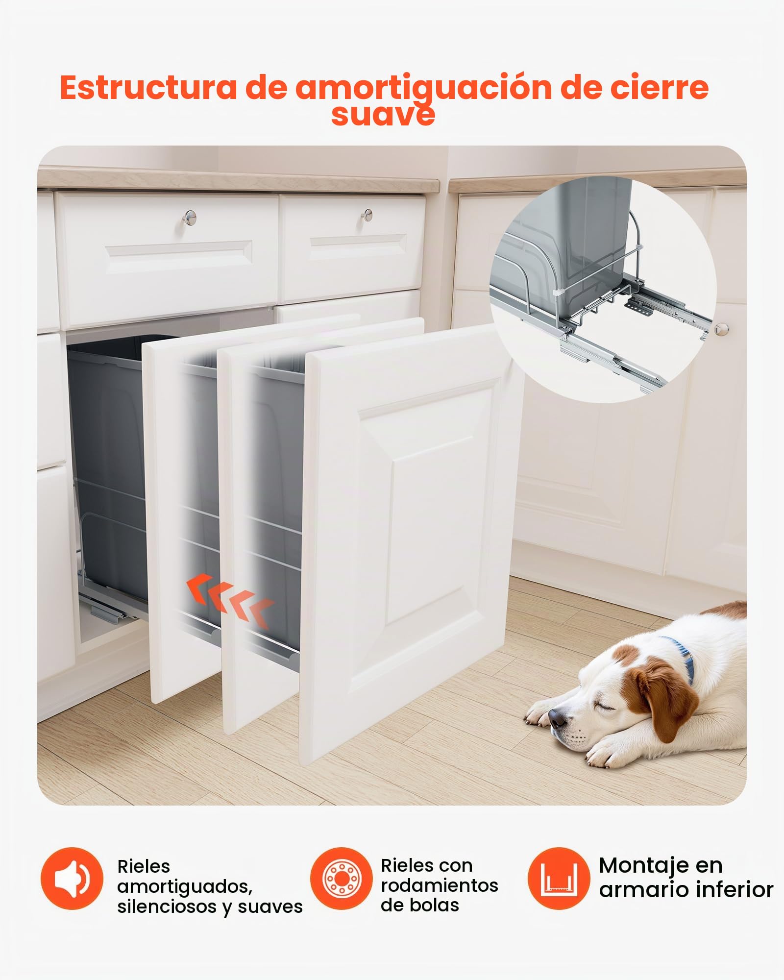 VEVOR Cubo de Basura Extraíble para Armarios de Cocina, Montaje Bajo Encimera, Gris, con Sistema Deslizante de Cierre Suave de Metal y Kit de Puerta, para Fregadero y Encimera, 410 x 277 x 487 mm