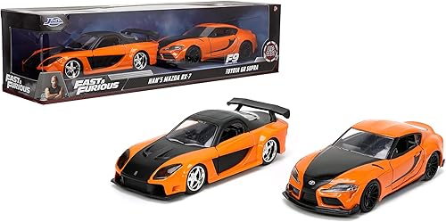 Fast & Furious 1:32 Han's Mazda RX-7 y Toyota GR Supra - Paquete doble de autos fundidos, juguetes para niños y adultos
