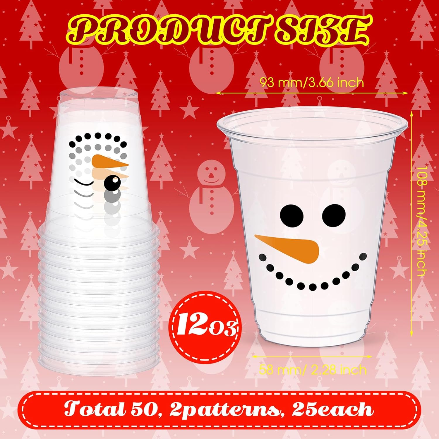 Yaomiao 50 Pcs Christmas Plastic Cups Bulk 12 oz Disposable Christmas Snowman Cups Xmas Beverage Drink Dinnerware for Xmas Winter Holiday Party Supplies - Image 2
