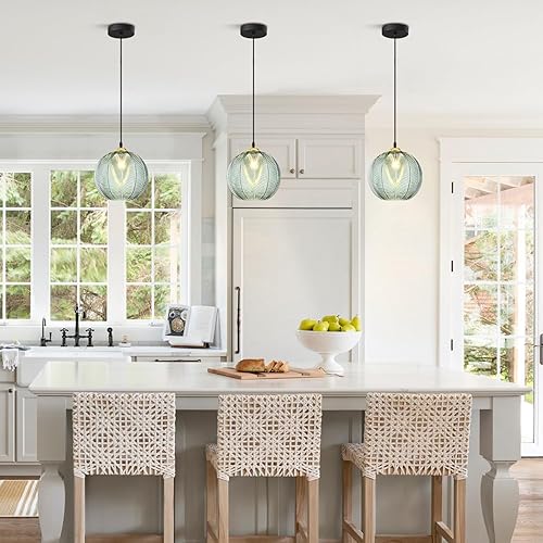 Miniatura 3 de KCO Lámpara colgante de cristal acanalado verde moderna lámpara colgante de globo grande 1 luz colgante negra sola lámpara de isla de cocina,