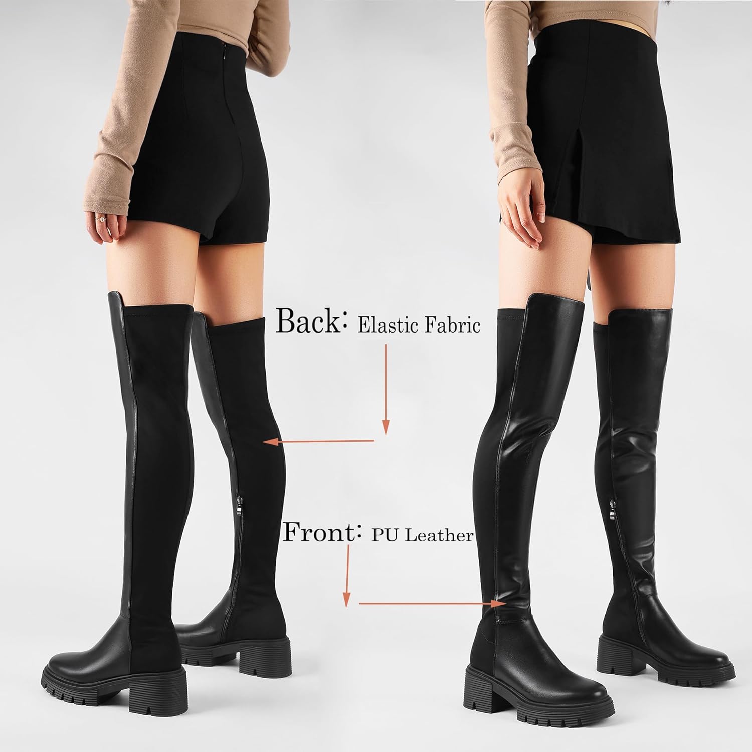 ErikenUrben Women Black Thigh High Boots Suede Over The Knee High Boots Platform Chunky Heel Stretch Boots Zip