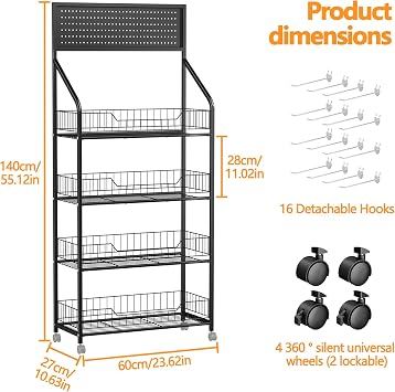 Snack Rack Display Stand, Freestanding Chip Rack Display Stand. Retail Display Shelves with 15 Hooks & 4 Wheels, Large Capacity Supermarket Shop Display Stand for Snacks Drinks Goods (4 Layer)