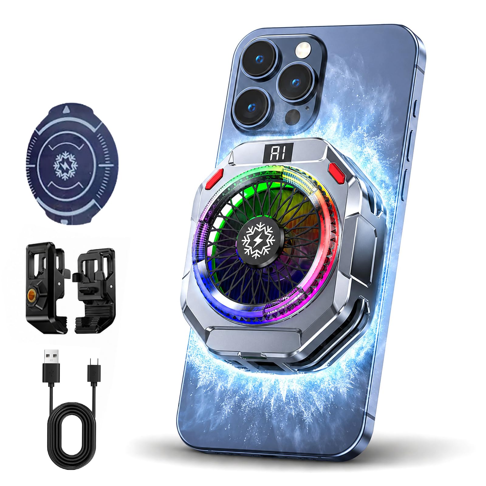Raffreddatore Telefono Magnetico e Ventola per Telefono: Controllo Intelligente Temperatura, 5 Modalità, Flusso Aria Verticale, Led, Per Smartphone Compatibili con iOS/Android