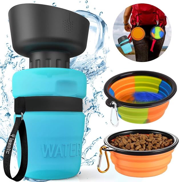 Dog Water Bottle, Portable Dog Travel Water Bottle for Walking Hiking Upgraded 2 in 1 Pet Water Bottle with 2 Collapsible Bowls, 520ml Leakproof Foldable Water Food Bowl for Dog Cat Pet BPA Free