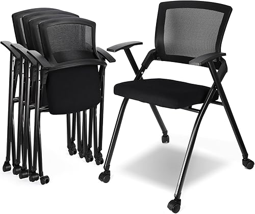 Miniatura 8 de Silla de oficina plegable de 4 piezas con ruedas de poliuretano, soporte lumbar, reposabrazos, asiento de malla transpirable gruesa apilable para