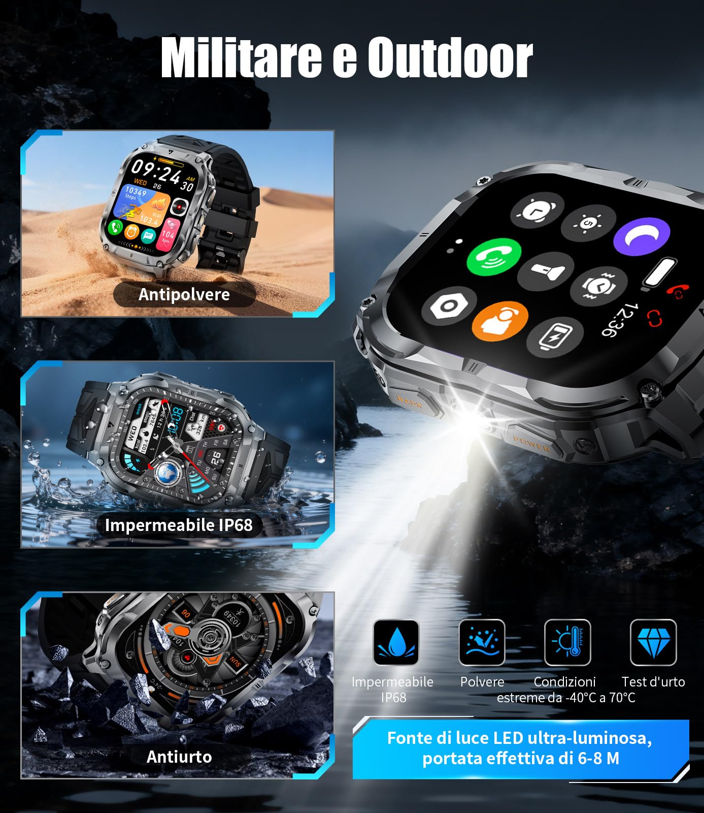 BENYAR SMART Smartwatch Uomo Militare 2.0" con Chiamate Bluetooth, 1000mAh, Torcia LED, 100+ Modalità Sportive, Monitoraggio della salute, IP68 Impermeabile, 3 Cinturini per Android iOS, Silicone