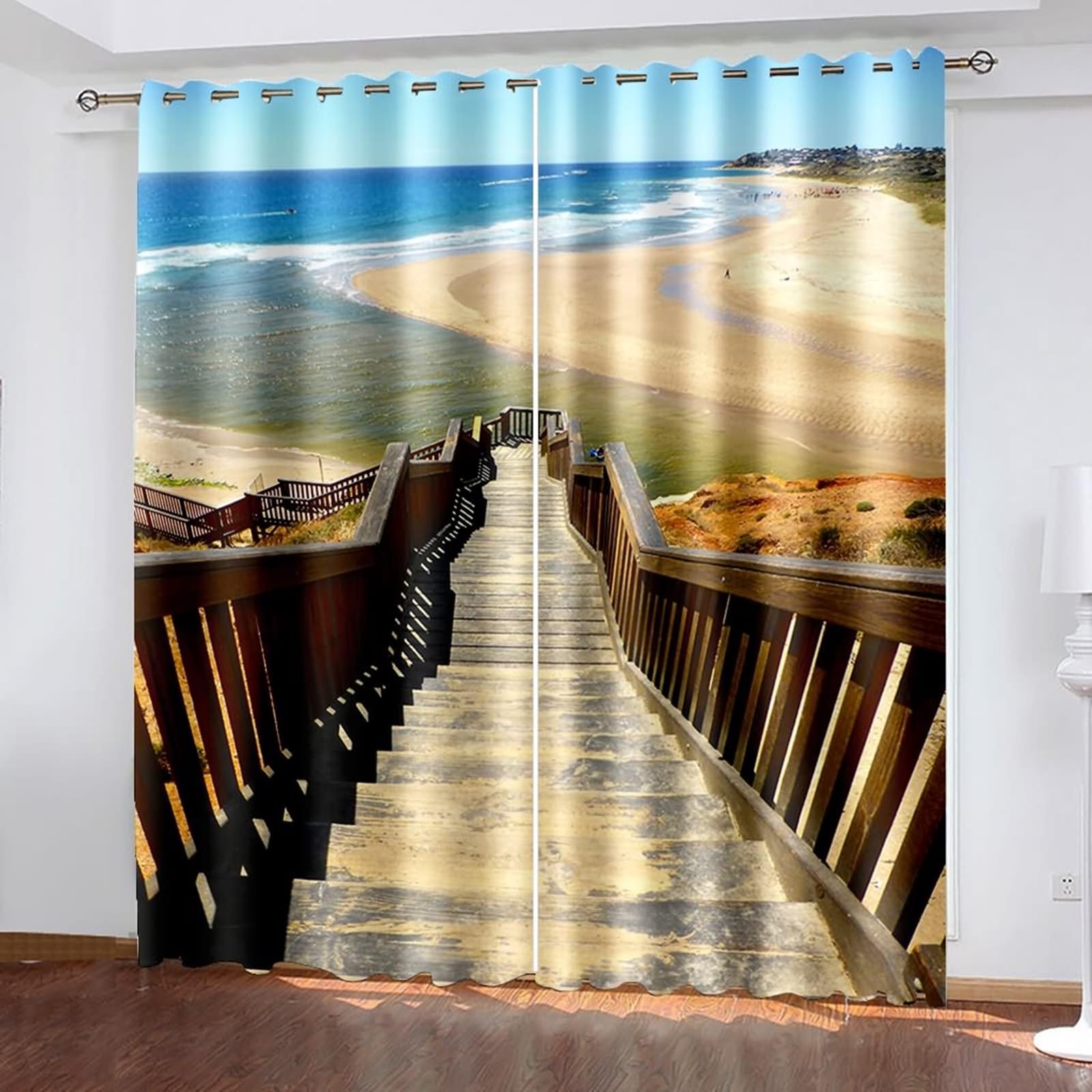 Gardinen mit Ösen, 86x138cm Braun Beige Blau Holztreppe am Meer und Strandlandschaft Sommer Vorhang Blickdicht mit Ösen Thermovorhang Kälteschutz Vorhänge Wohnzimmer Schlafzimmer Wärmeisolierend