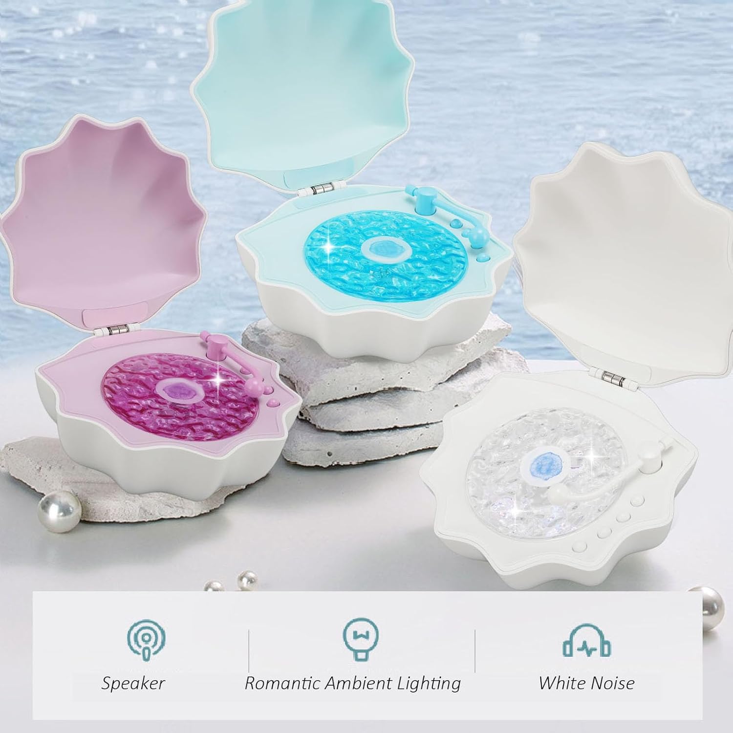 Shell Bluetooth Speaker with Wave Light Projector, Creative Shell Design, Retro Wave Sound Effects, Purple for Bedroom Use