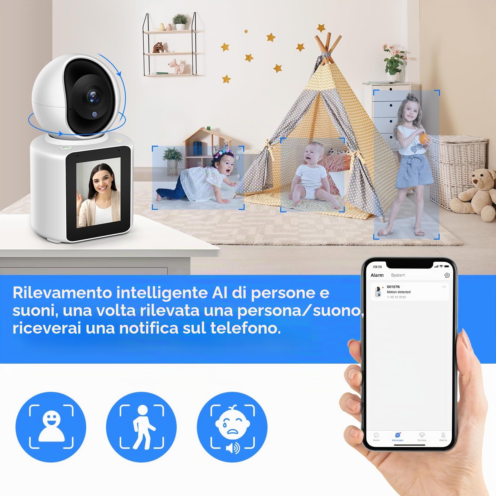 MYPIN Telecamera WiFi Interne 2K 360°, con video/audio Bidirezionale | Videocamera Sorveglianza Interno WiFi, Inclinazione, Visione Notturna, Rilevamento di Movimento per Cani/Casa/Bambini