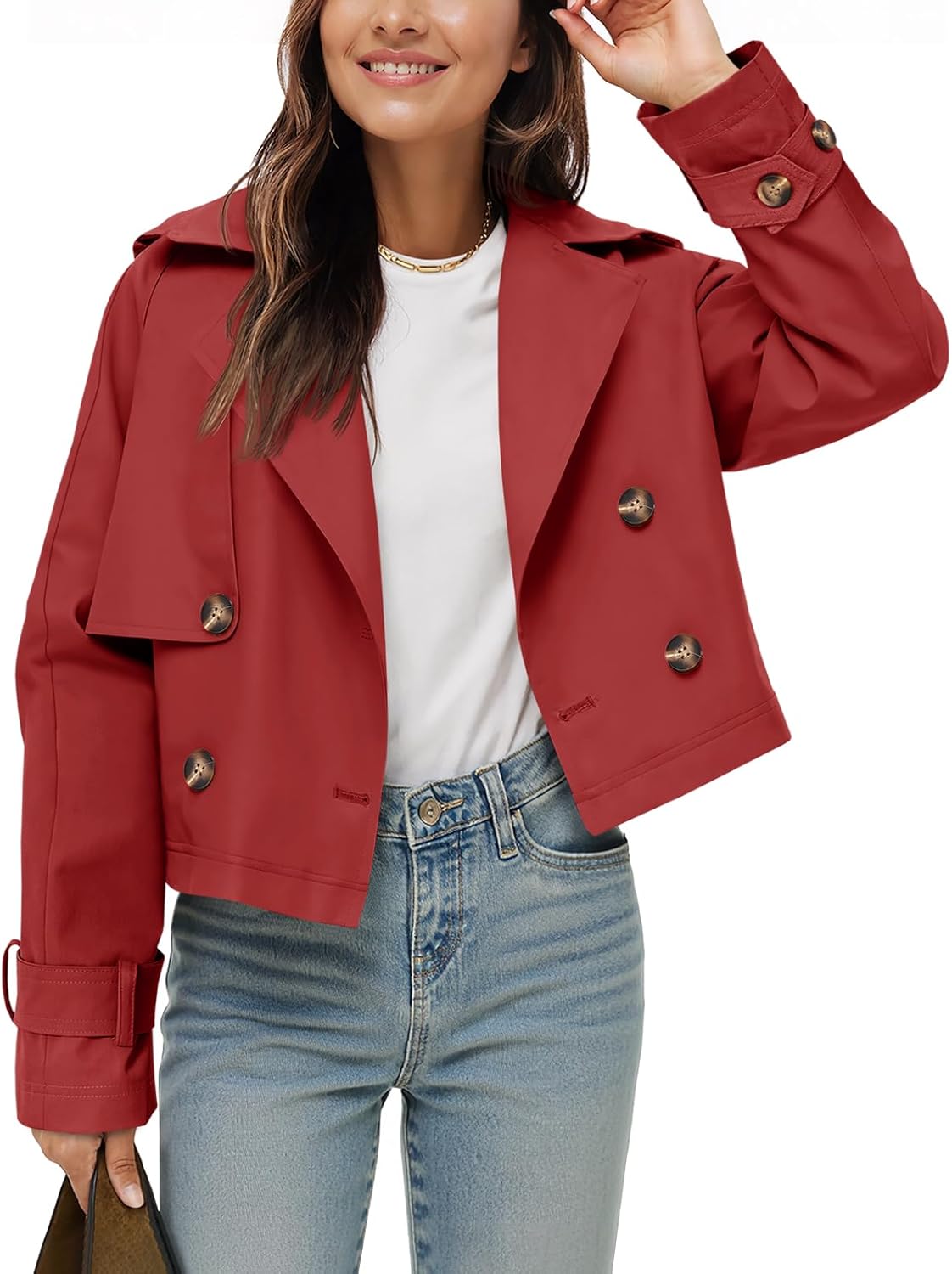 Tankaneo Womens Cropped Trench Coat Lapel Double Breasted Short Jacket Outwear