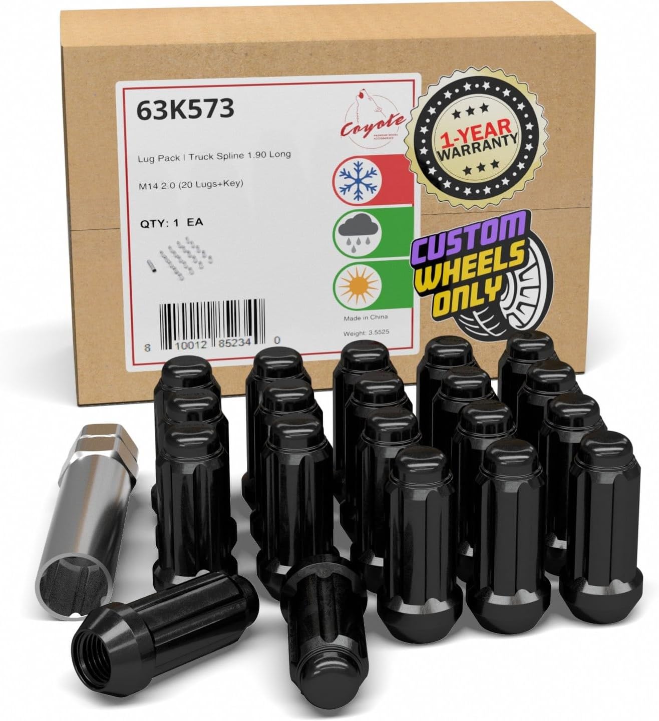 Wheel Accessories Parts 20 Pcs M14x2 14x2 Thread Truck 2.00" Long Spline Lug Nuts Black Chrome 6 Spline Hex Fits 2000-02 Ford Expedition 2000-02 Lincoln Navigator