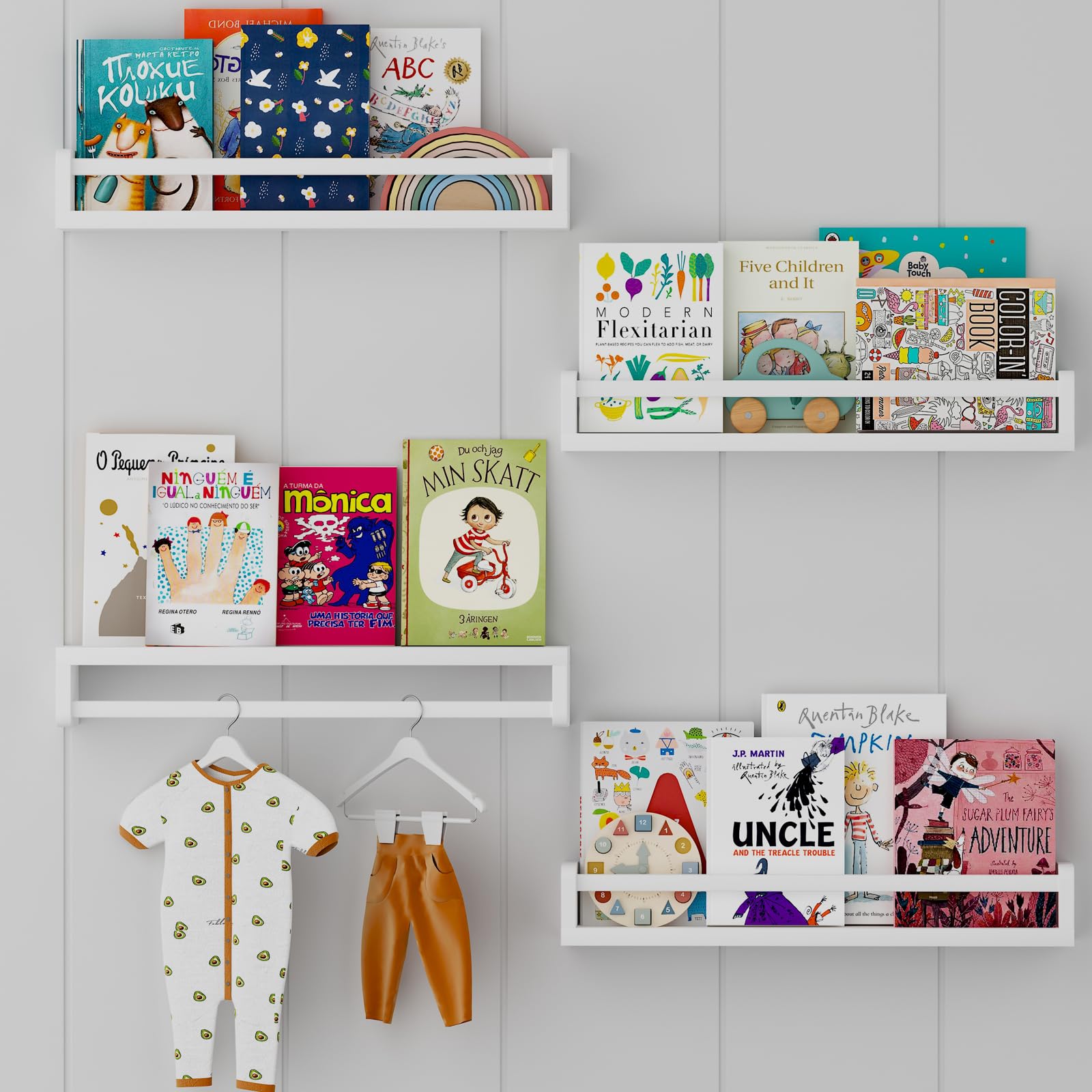Gieanoo Estantería blanca para libros para habitación de niños, juego de 4 estanterías para niños, estantería de almacenamiento de libros montada en la pared, estantes flotantes de 40 cm para