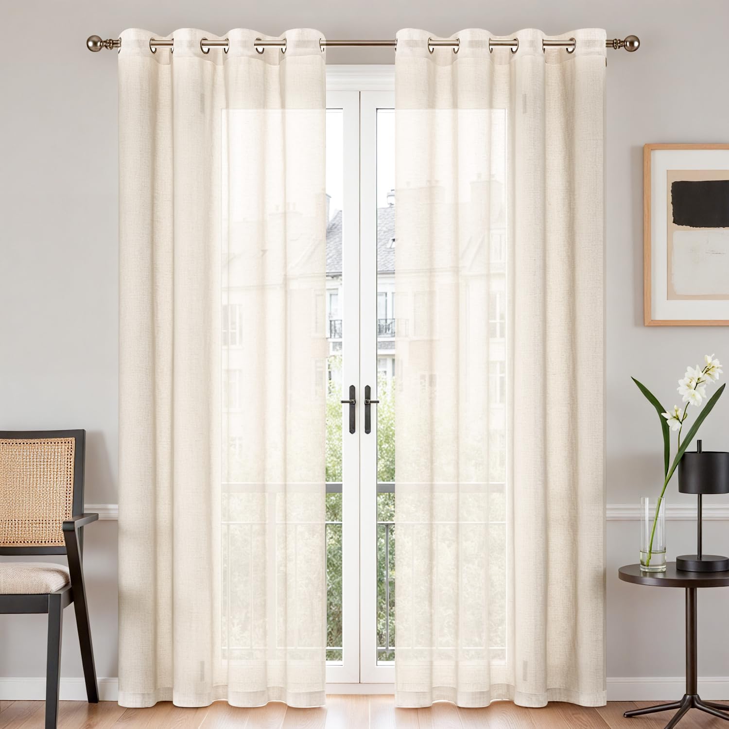 TOPICK Net Linen Look Curtains for Windows, Semi Transparent Voile Curtains 84 Inch Long, Woven Sheer Eyelet Curtain 2 Panels for Bedroom, Living Room, Nursery, Kids, W55 x L84 Inch, Light Beige