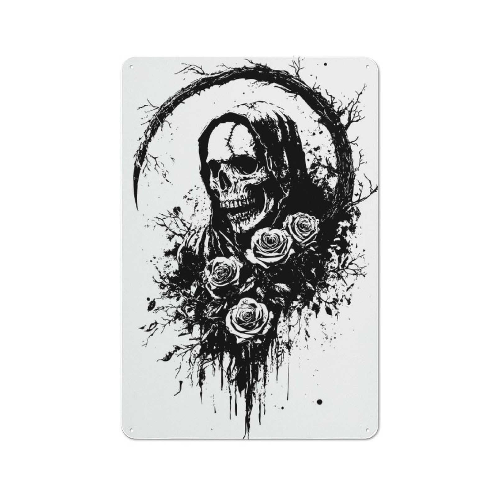 Junmoney Grim Reaper With Roses Black And White Classic Metal Wall Decor 30X20cm, Metal Wall Plaque For Office, Study, Studio Or Hallway