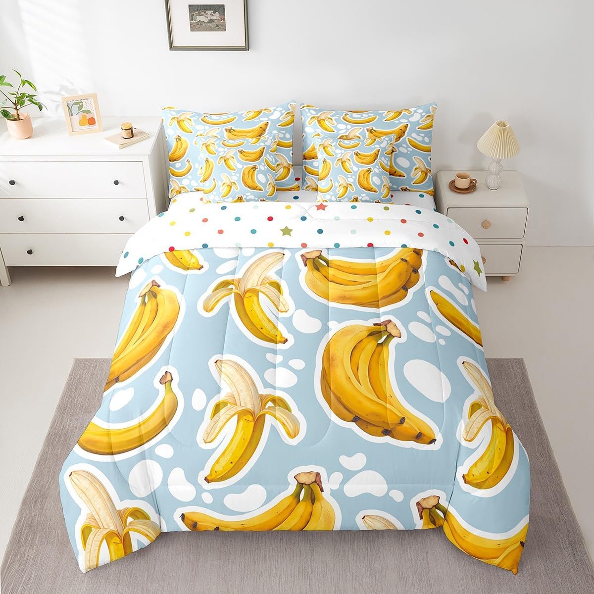 Erosebridal 3D Banana Twin Comforter Set 7 Piece,Yellow Banana Bed in A Bag with Sheets for Kids Adults Summer Tropical Fruit Bedding Set Reversible Bed Set with Comforter,Pillow Covers