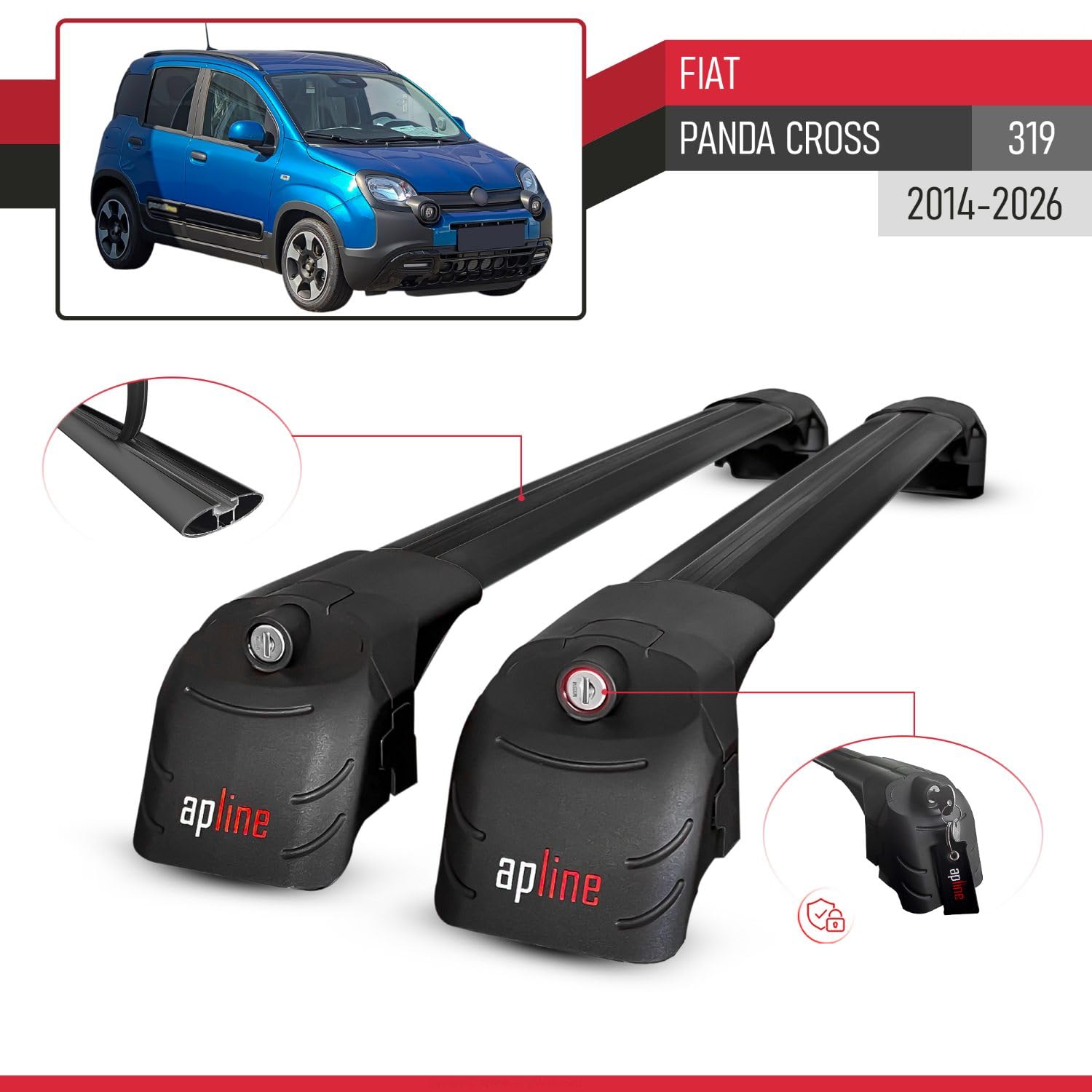 Compatibile con Fiat Panda Cross (319) 2014-2026 Modello ACE-2 Barre Tetto Portapacchi Auto Barre Portatutto Nero Alluminio 2 Barre