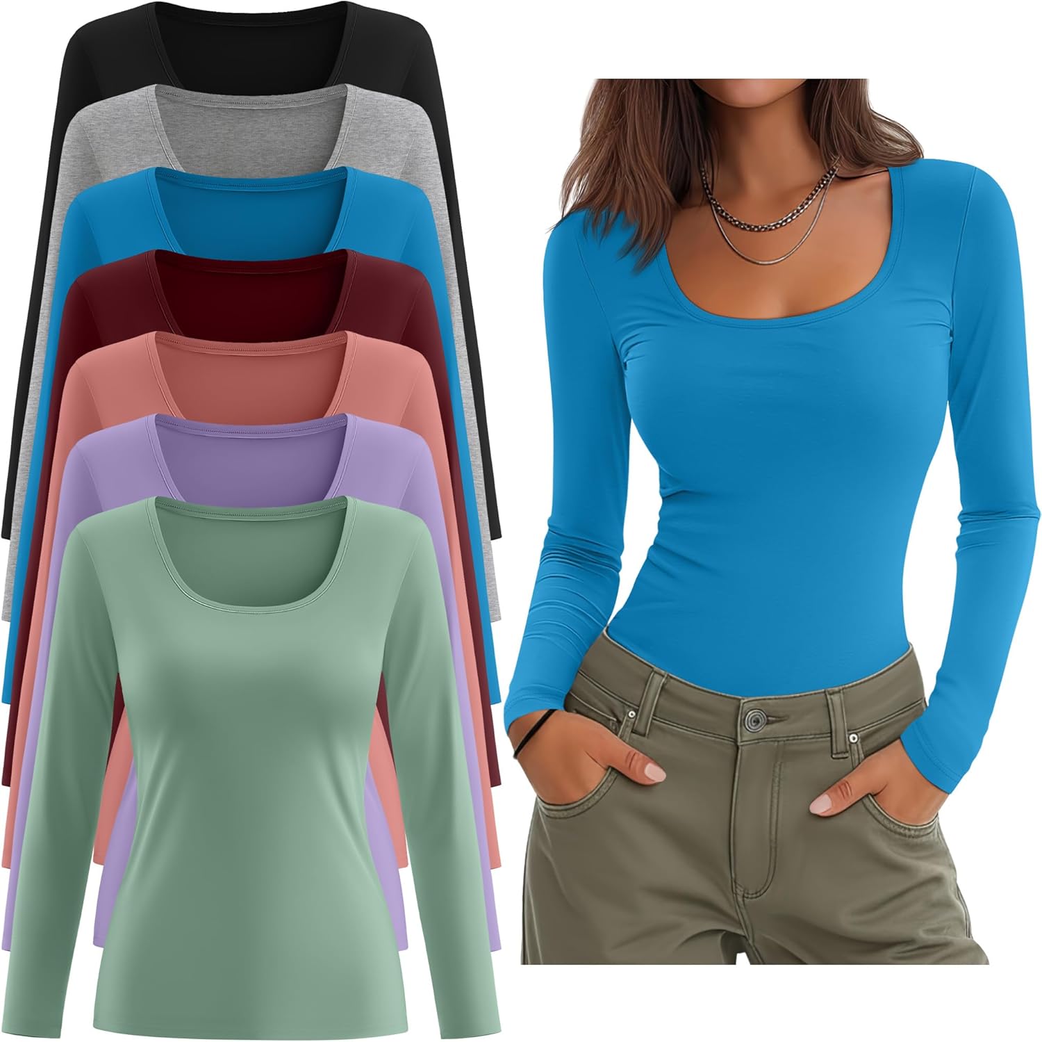 Sweetyweee 7 Pack Women's Long Sleeve Shirts Multipack Scoop Neck Tops Slim Fit Undershirt Basic Layer Winter