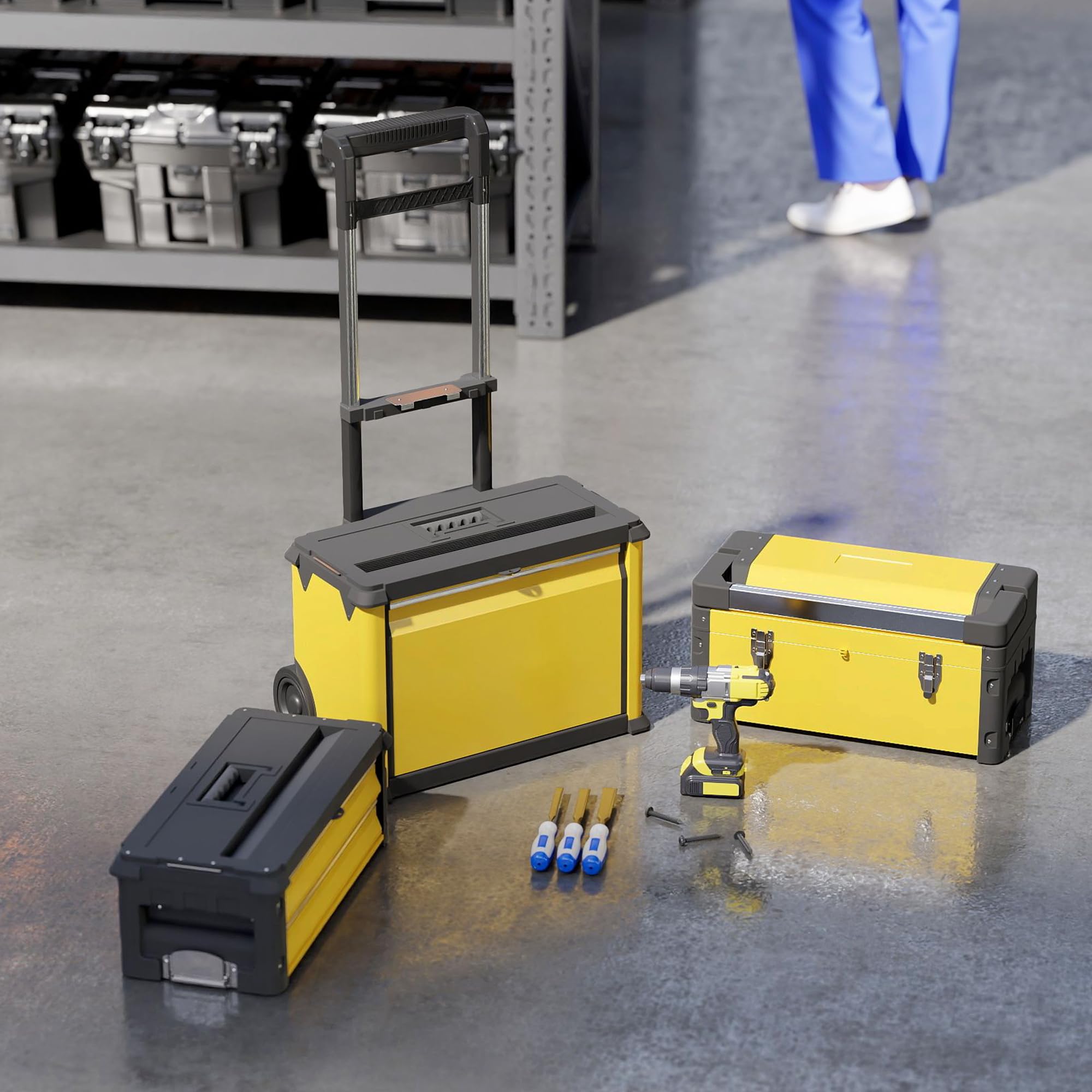 HOMCOM Set di 3 cassette portautensili su ruote impilabili e modulari per officina trolley in acciaio con vassoio, maniglie e serratura, per garage e magazzino, colore giallo