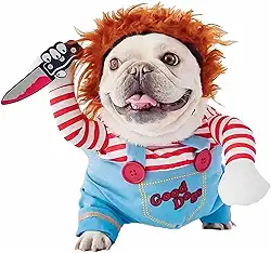 Fantasia de cachorro Deadly Doll - Roupa engraçada de cosplay de Halloween com peruca e faca de espuma - Cães pequenos, médios e grandes (médio)