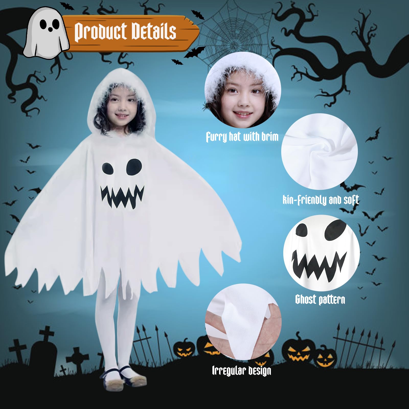 Satar Refes Halloween Ghost Costume for Kids Ghost Costume Kids Fancy Dress with Pumpkin Candy Bag Cloak Hooded Trident Scary Ghost Face Cape Costumes for Kids Boys Girls Halloween Carnival Cosplay - Image 4