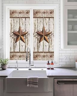 Texas Star Grey Wooden Window Privacy Film Stained Glass Window Film Decorative Window Cover Static Window Cling for Glass Door Farmhouse Berry Countryside Window Stickers for Bathroom 19.6"x39.3"