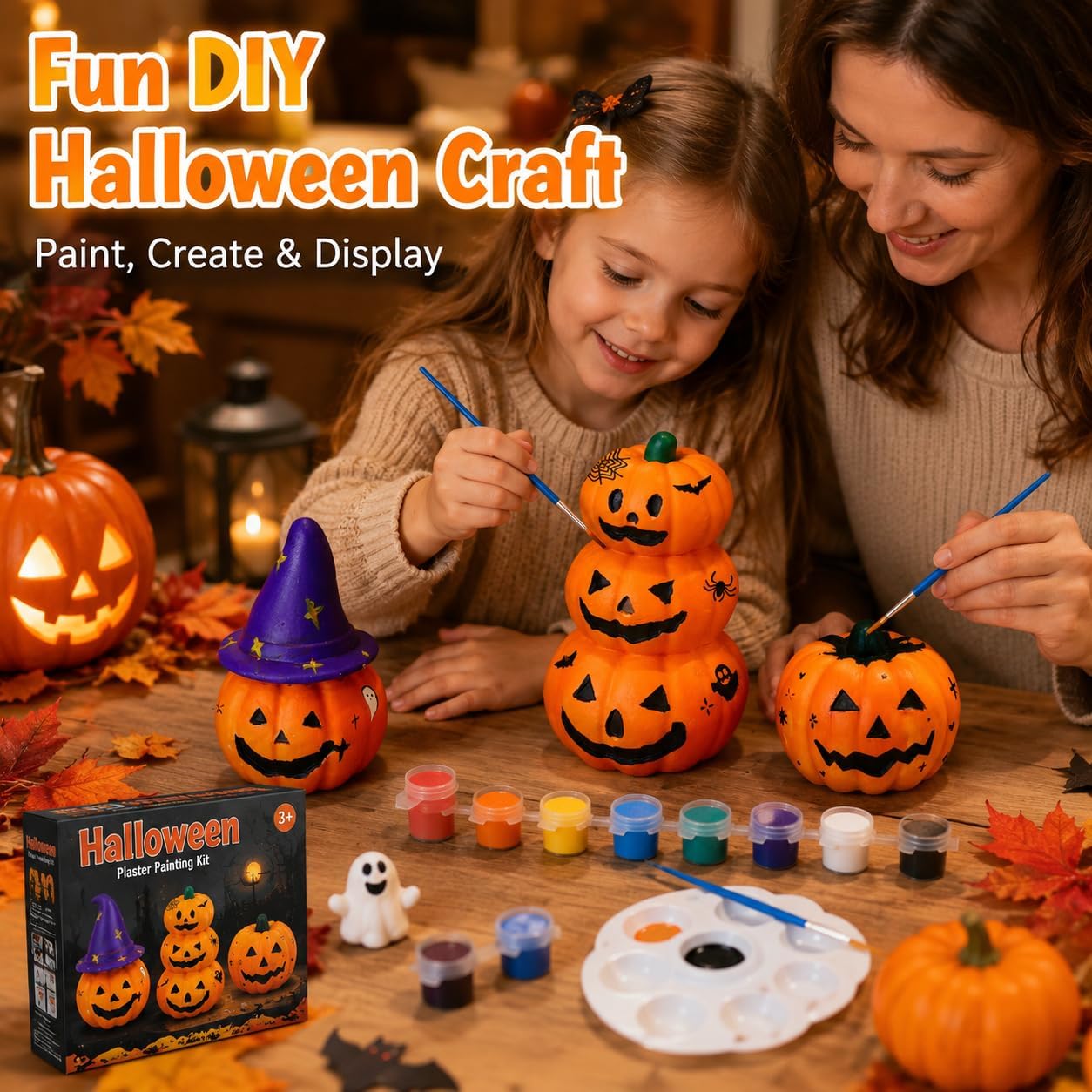 3 PCS Halloween Plaster Pumpkin Painting Kit, Unpainted Plaster Pumpkin Crafts with Paints, Brushes & Palette, DIY Halloween Tabletop Decor & Party Craft Supplies