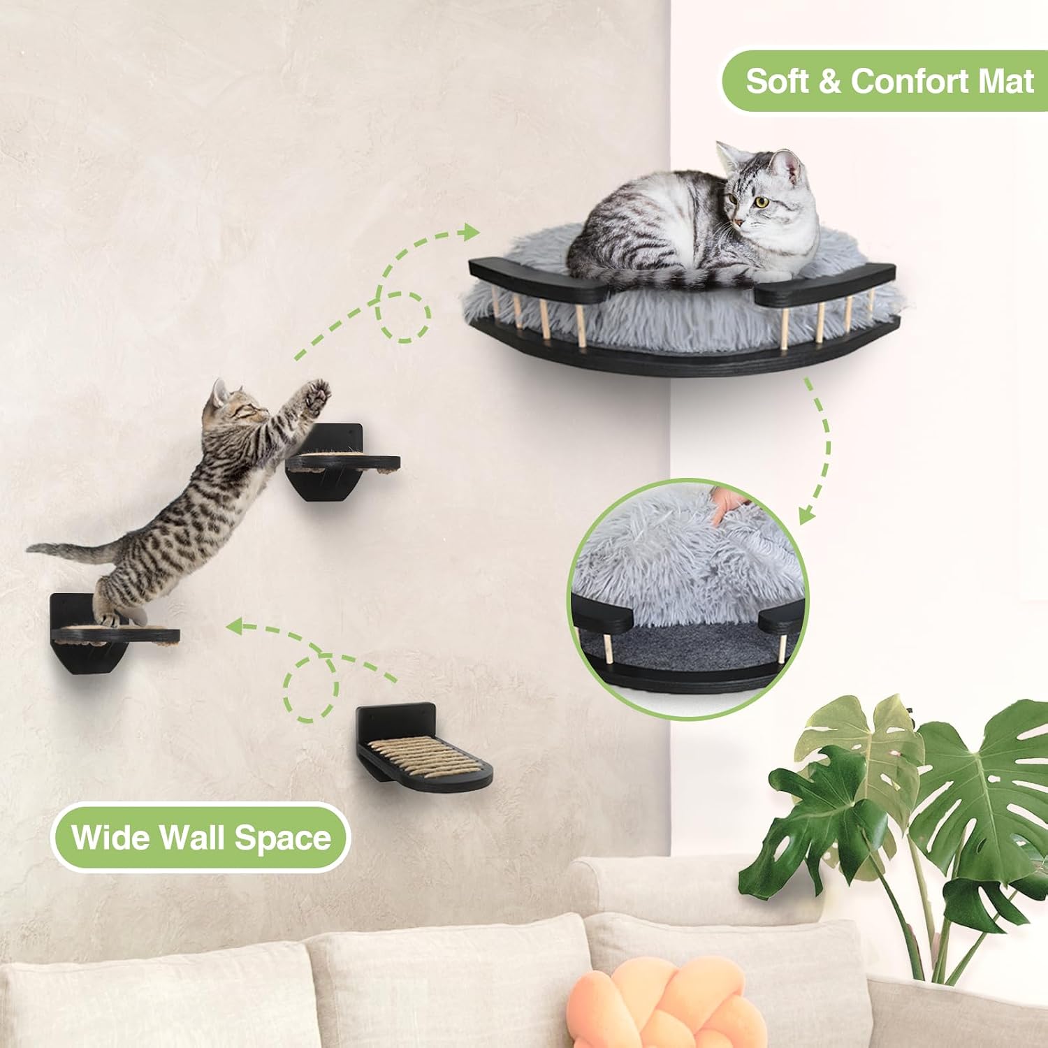 review Cat Wall Furniture Set with Plush Cushion, Cat Hammock Cat Wall Shelves with 3 Cat Wall Steps, Cat Shelves and Perches for Wall Climbing Shelves for Indoor, Black Indoor Cat Shelves Wall Mount