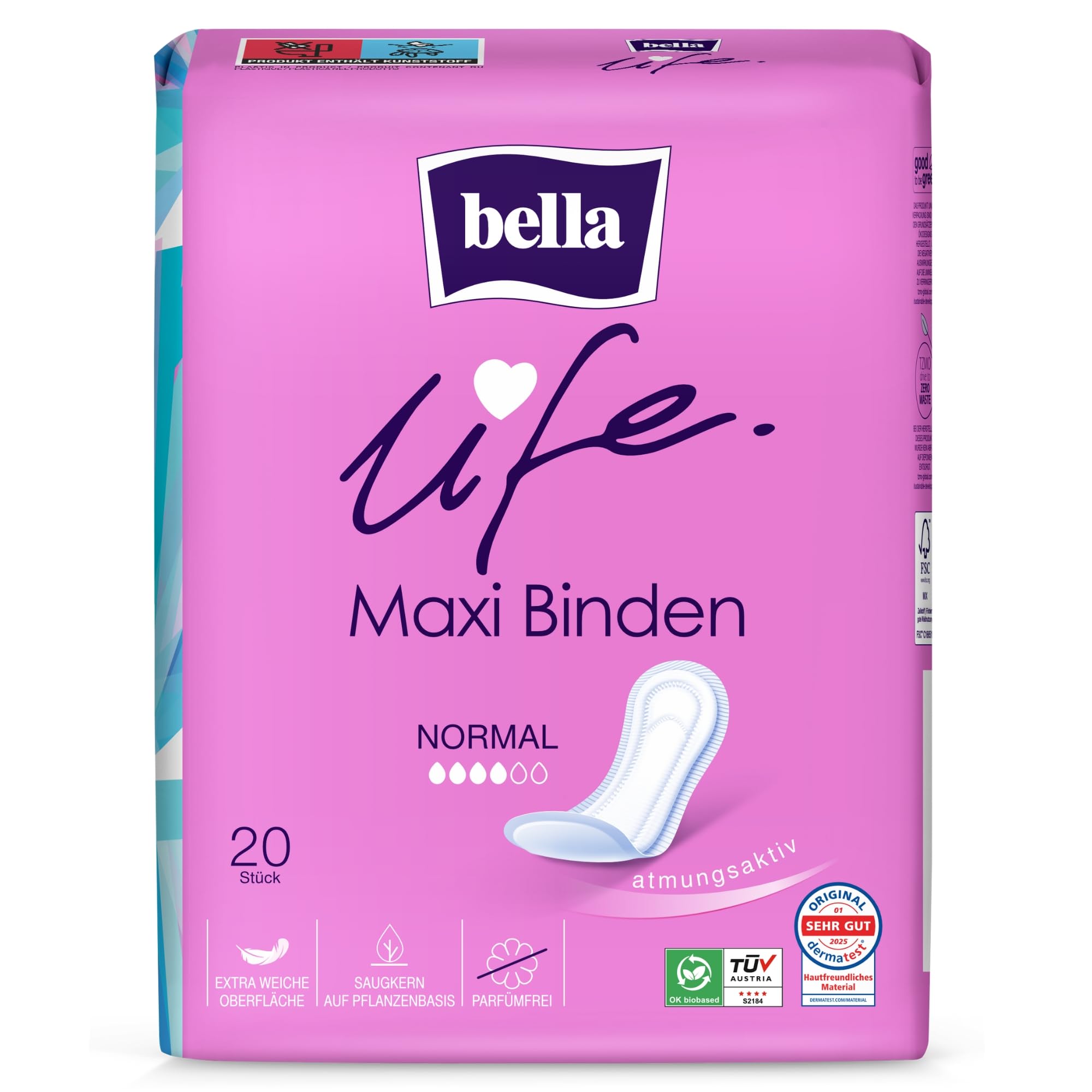 bella life Maxi Damenbinden ohne Flügel Normal 140 Stück (7x20) weich parfümfrei