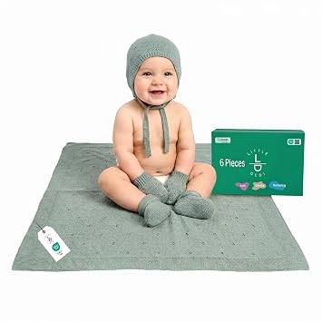Baby Gift Set, Green Knit Blanket, Hat, Gloves & Booties