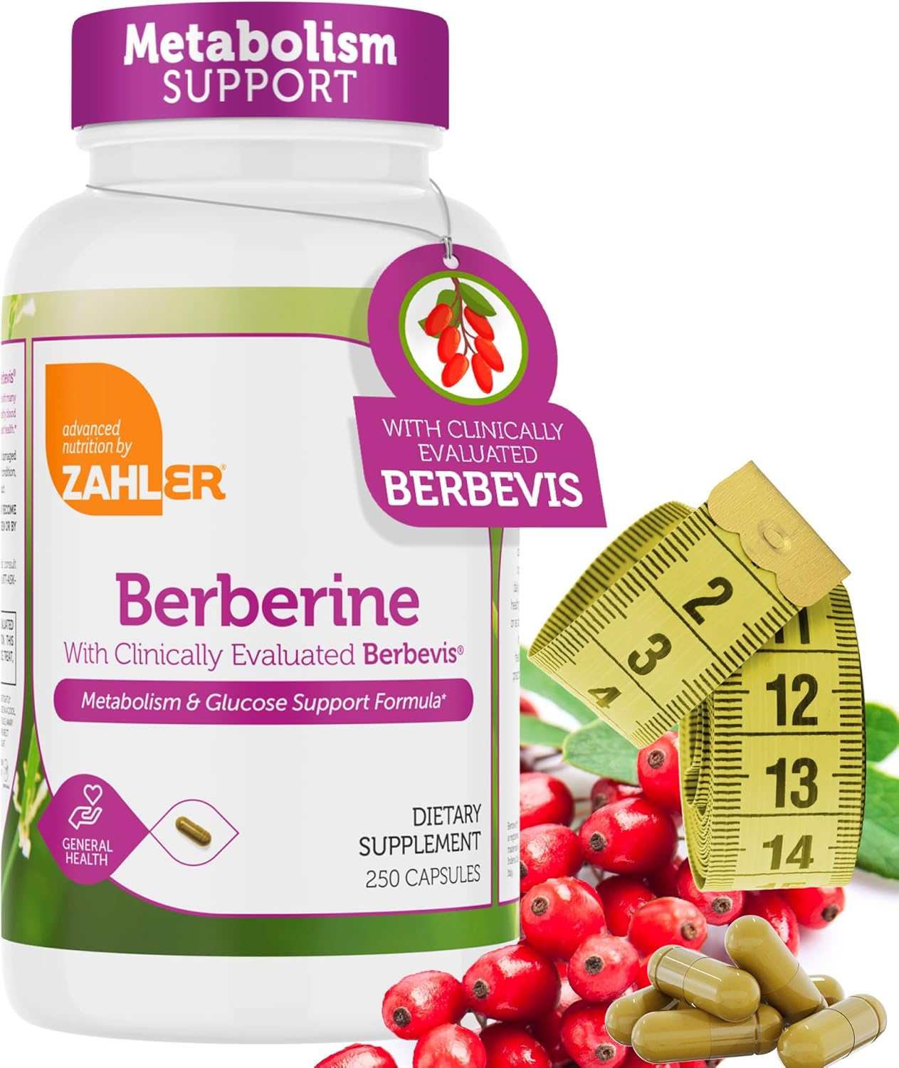 Zahler Berberine with Clinically Evaluated Berbevis, Metabolism and Glucos Support Formula, 250 Capsules.