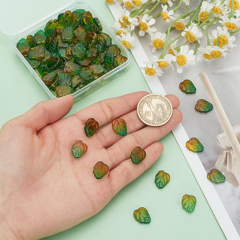 PH PandaHall 100pcs Glass Leaf Charms Leaf Beads Transparent Two-Color Leaves Pendants Glass Plant Charms for Spring Summer Earring Bracelet Necklace Jewelry Making DIY Crafts - Image 3