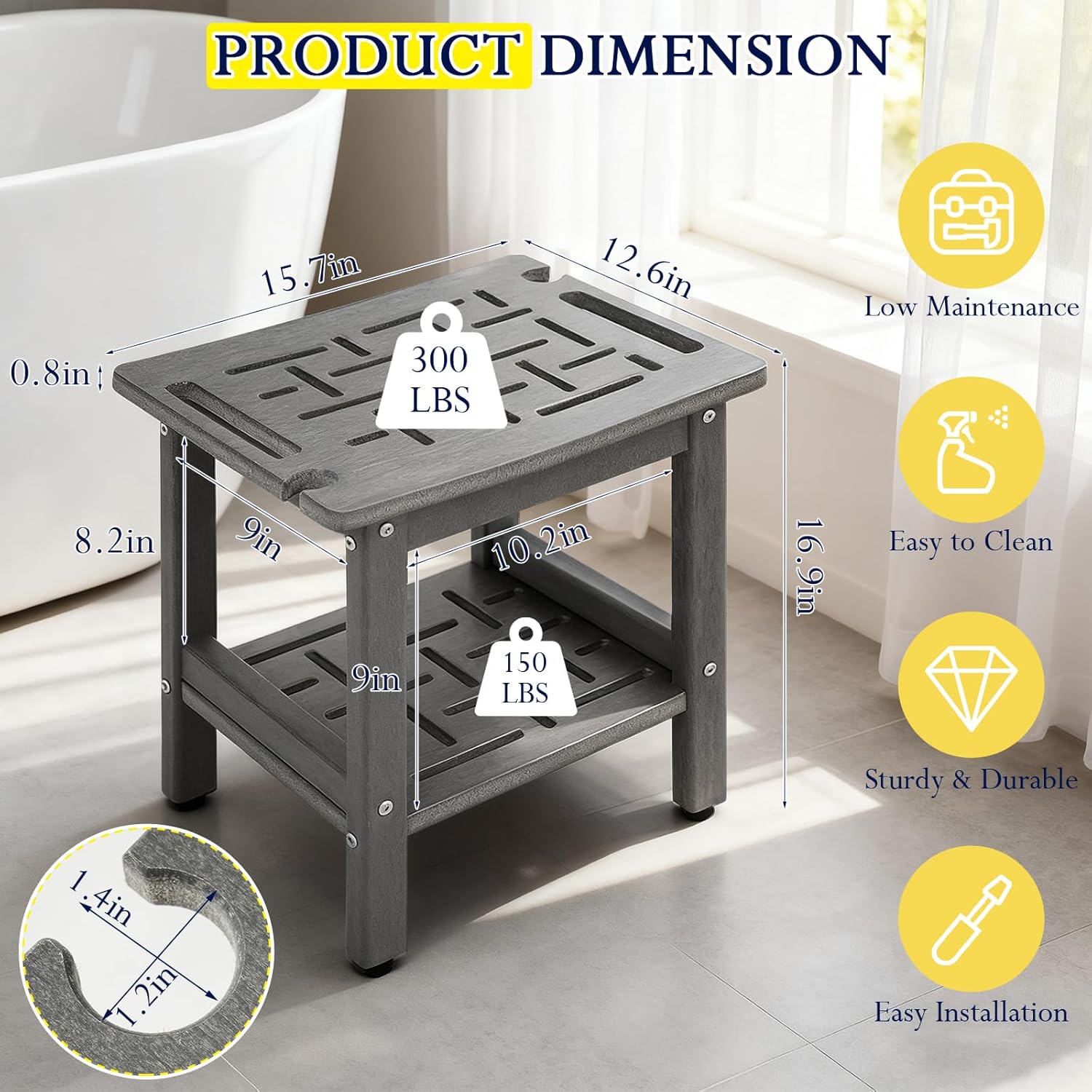 Shower Bench for Inside Shower - HDPE Waterproof Shower Stool for Shaving Legs, 300LBS Shower Seat with Storage Shelf & Shower Head Holder, Shower Chair for Bathroom Indoor Outdoor Use (Gery)