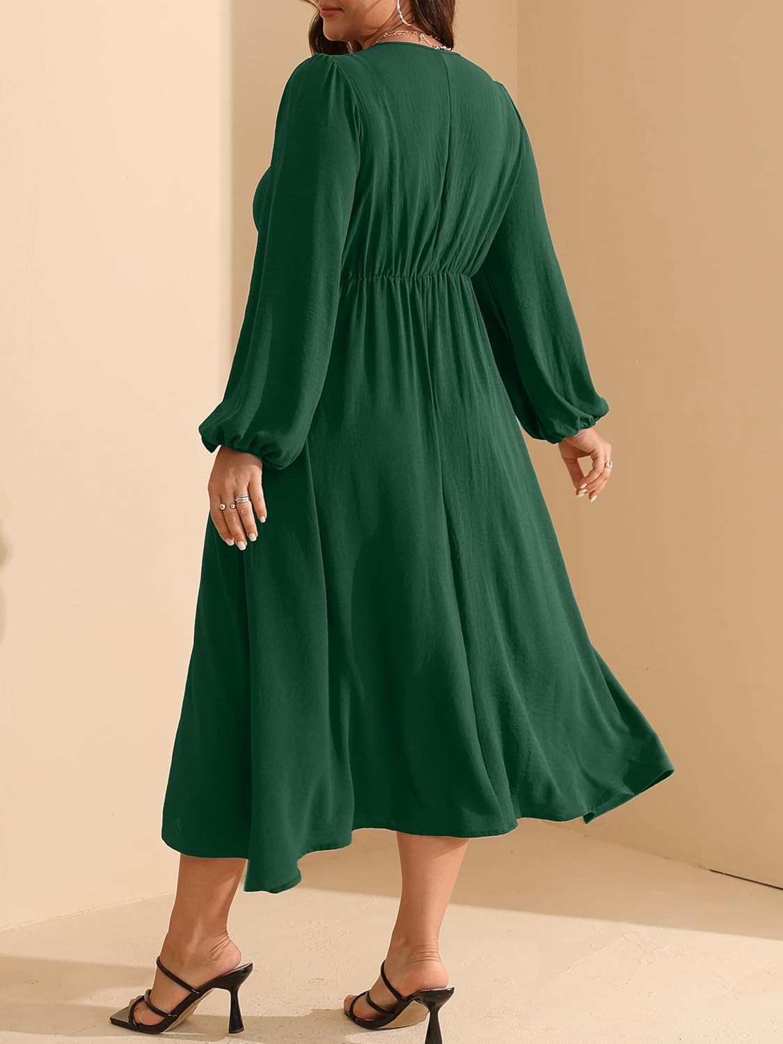RWJ Fall Wedding Guest Dresses for Women Plus Size V Neck Long Sleeve Tie Front Cocktail Maxi Dress with Pockets - Image 2
